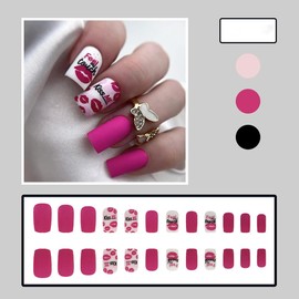 24 Pcs Valentine's Day Press on Nails Medium Square - ZIFANHU Rose Red Fake Nails Press ons Nail Art Tips Full Cover Acrylic False Nails with Lip Print Letter Design Glue on Nails Kit Set for Women