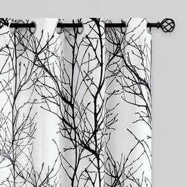 FMFUNCTEX Linen Semi Sheer Curtains for Bedroom, Black White Curtains 54 Inches Long for Living Room, Grey Tree Branch Patterned Curtain Light Filtering Kitchen Window Drapes, Grommet Top 2 Panels