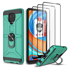 for Redmi Note 9 Pro Case, Note 9s/Note 9 Pro Max Case, with 3 Pcs Tempered Glass Screen Protector, Built-in Ring Kickstand and Magnetic Car Mount Shockproof Dropproof Defend Armor Cover- Mint Green