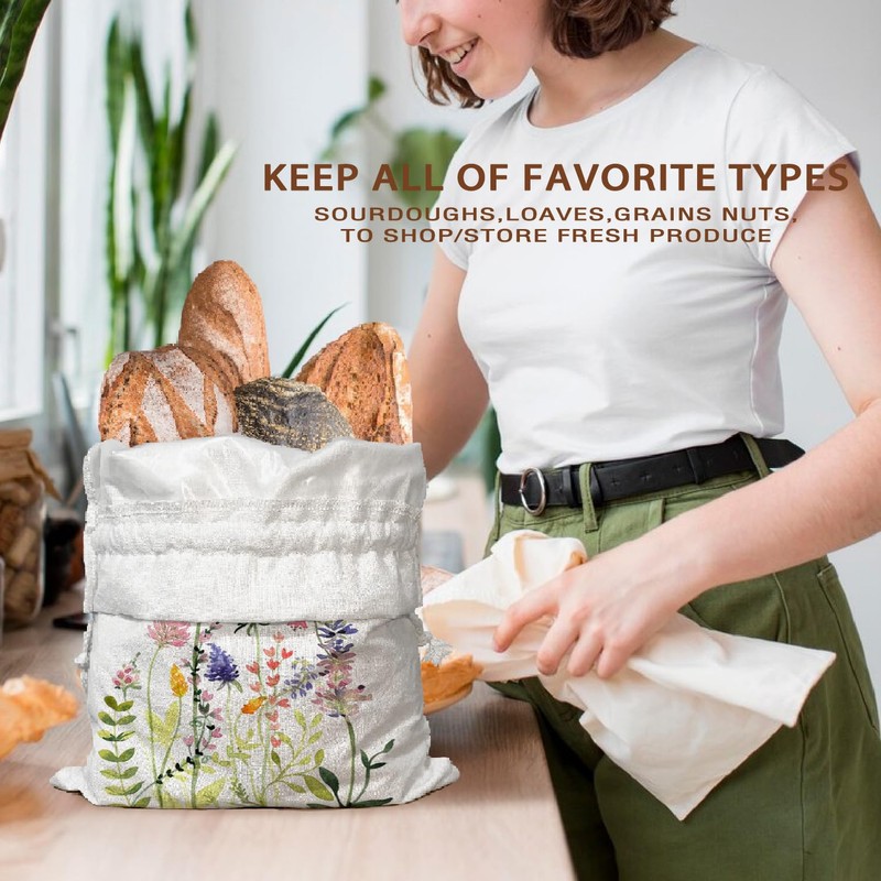 Reusable Linen Bread Bag for Homemade Bread Sourdough Loaf, Wildflower