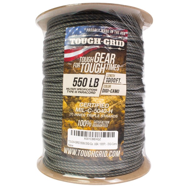 TOUGH-GRID 550lb DIGI-Camo Paracord/Parachute Cord - 100% Nylon Mil-Spec Type III Paracord Used by The US Military, Great for Bracelets and Lanyards, 100Ft. - DIGI-Camo