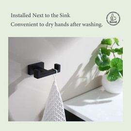 Suyar Double Bath Towel Hook, Stainless Steel Double Robe Hook, Bathroom Kitchen Towel Hanger, Hand Towel Holder for Wall, Matte Black