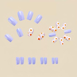 Square Press on Nails Medium Fake Nails Purple False Nails with White Flower Design Glue on Nails Daisy Acrylic Nails Spring Glossy Full Cover Stick on Nails for Women Manicure 24Pcs