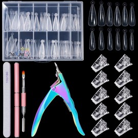 MIKIMIQI Dual Nail Forms Set Poly Gel Quick Building Kit, 120Pcs Stiletto Molds With 10Pcs Tips Clips, Clipper Trimmer, Dual-Ended Extension Gel Brush, File