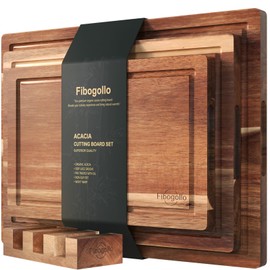 Fibogollo Acacia Wood Cutting Boards for Kitchen(Set of 3),Wooden Chopping Boards Set with Juice Groove, Large Serving Board with Holder,Butcher Block for Meat,Vegetables,Fruit