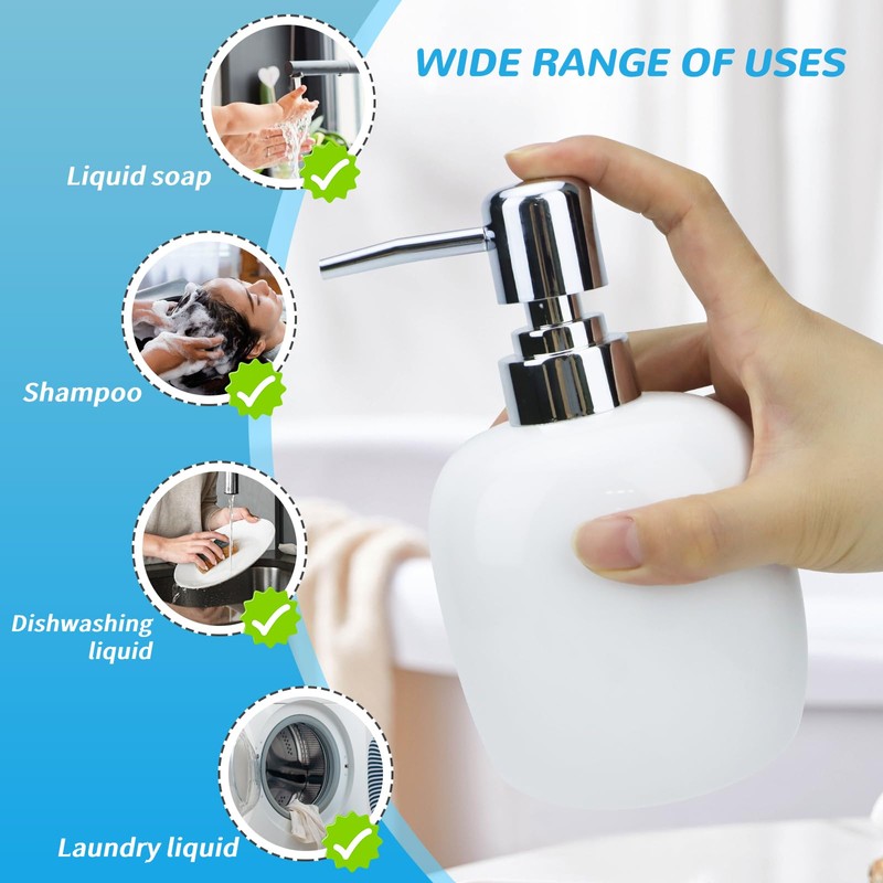 Qudubuy 450ml Oval Ceramic Soap Dispenser with Pump Refillable Lotion