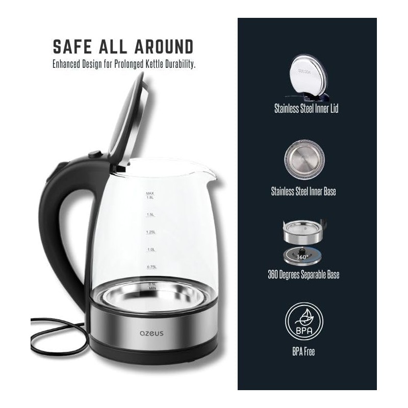 AZEUS Glass Electric Kettle - 1.8L Fast Boiling Auto-Shutoff &