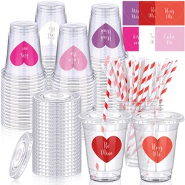 SiliFine 36 Sets Valentines Day Party Cups with Lids and Straws Heart Stickers Plastic Clear 12oz Valentine's Day Disposable Cups for Coffee Juice Drinks Valentines Party Supplies