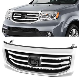 OEM Style Front Grill ABS Front Bumper Grille Compatible with Honda Pilot 12-15, Polished/Matte Chrome Slat/Bezel with Black Mesh