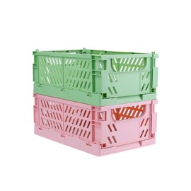KINBOM 2pcs Plastic Baskets for Organizing, Light Color Foldable Storage Basket Collapsible Crate Pastel Crates Cute Desk Organizer for Kitchen Bedroom Bathroom Home Office (5.9x3.85x2.24inch, Small)