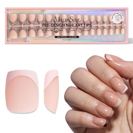 MelodySusie Short Square Coffee Brown French Nails Tips - 160Pcs 16 Sizes Soft Gel False Nails, No File Needed Pre-Base Coated, Natural White & Pink Long-Lasting Manicure for DIY Nails Salon