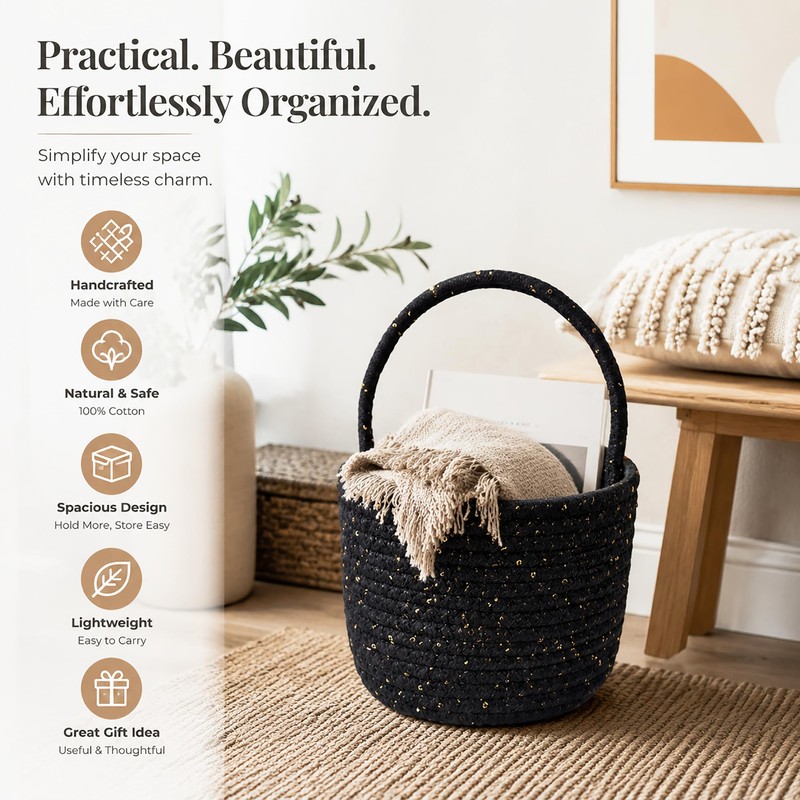 Prudance Small Woven Cotton Basket with Sparkly Gold Sequins, 6"x5",Black