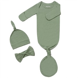 Newborn Baby Knotted Gown, Ultra Soft Silky Infant Long Sleeve Sleeper with Tie Bottom, Baby Girl Sleep Gown with Mittens, Bow, and Hat Set Army Green