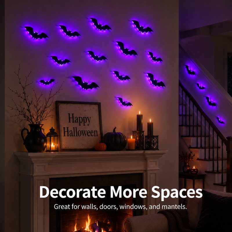 36-Piece LED 3D Halloween Bat Wall Decorations – Light-Up Flying