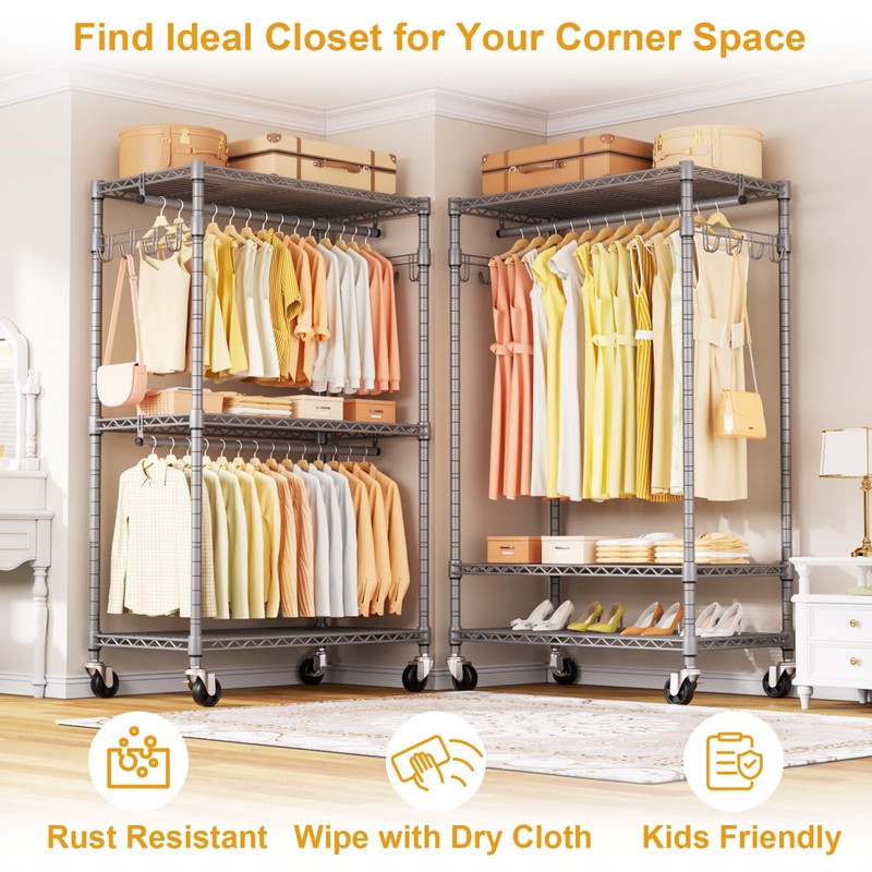 ULIFHOME P1 Rolling Clothing Rack with Lockable Wheels, Heavy-Duty Garment