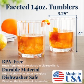US Acrylic Faceted Clear Plastic Reusable Drinking Glasses (Set of 6) 14oz Rocks Cups | BPA-Free Tumblers, Made in USA | Top-Rack Dishwasher Safe