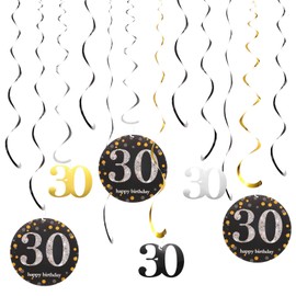 uxcell 12pcs Mixed Color Hanging Swirls Decorations Set, 28" Plastic Spiral Streamers Ceiling Decoration Party Swirls for 30th Birthday Party Decoration, (Gold, Silver, Black)