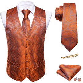 Barry.Wang Mens Paisley Orange Tie and Vest Set with Pocket Square Cufflinks WaistCoat Suit for Tuxedo