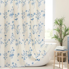 MitoVilla Blue Boho Linen Shower Curtain, Vintage Botanical Curtain for Bathroom, Rustic Country Plant Cottagecore Bathroom Decor Waterproof Fabric 72x72 Inch