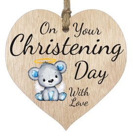 Christening Gifts for Boy Him On Your Christening Day Hanging Wooden Heart Sign Plaque for Mummy Daddy - Light Wood Hearts, First Communion Christening Gifts, Christian Religious Gift, Keepsake