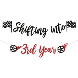 Banner de cambio en tercer año – Decoraciones temáticas de carreras de tercer cumpleaños, Can't Catch Me I'm Three Banner, suministros para fiesta de tercer cumpleaños con purpurina negra y roja