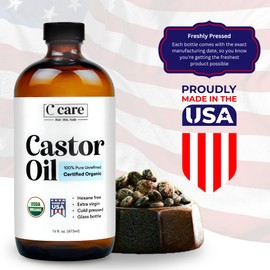 Castor Oil 100% Pure Organic Cold Pressed Unrefined Glass Bottle | USDA Certified Organic | Hexane Free Extra Virgin | For Hair Growth Eyebrows Eyelashes Skin and Castor Oil Pack Wrap | 16oz