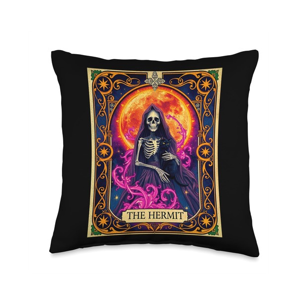 "The Hermit" Skeleton Tarot Card With Cat Design Throw Pillow
