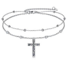 LUHE Cross Ankle Bracelets Sterling Silver Religius Double Chain Anklets Abalone Christian Baptism Layered Anklet Jewelry Gifts for Women