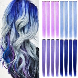 JCHDWSGUO 16 PCS 21Inch Multi-color Hair Extensions Party Highlights Clip in Synthetic Cosplay Party Dress up Hair Accessories for Girls (Light blue,Light purple,Lavender,Blue)
