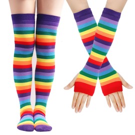 BEDJIMI Womens Rainbow Knee High Socks Colorful Over The Knee Socks Arm Gloves Warmer Striped Clown Socks Gloves Set