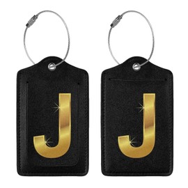 2 Pack Gold Print "J" Lettering Luggage Tag for Suitcase, Steel Loop with Privacy Cover ID Label, Travel Birthday Gift for Men Women