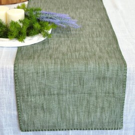 Coffee Table Runner 14x36 inch Short Table Runner with Decorative Stitched Edge Natural Cotton Fabric Small Dresser Scarf Dining Table Topper Washable Cloth Farmhouse Décor Table Center Piece Green