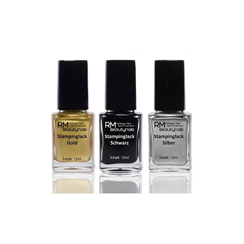 Stampinglack Set 3X12ML Gold/Black/Silver Stamping Nail Polish RM Beauty Nails
