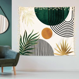 KOMLLEX Chic Abstract Tapestry Boho Leaves Mid Century Sun Arch Minimalist Modern Gold Botanical Plant Simple Geometric Wall Hanging Aesthetic Green Home Decor Art for Living Room Bedroom Dorm 59Wx51H