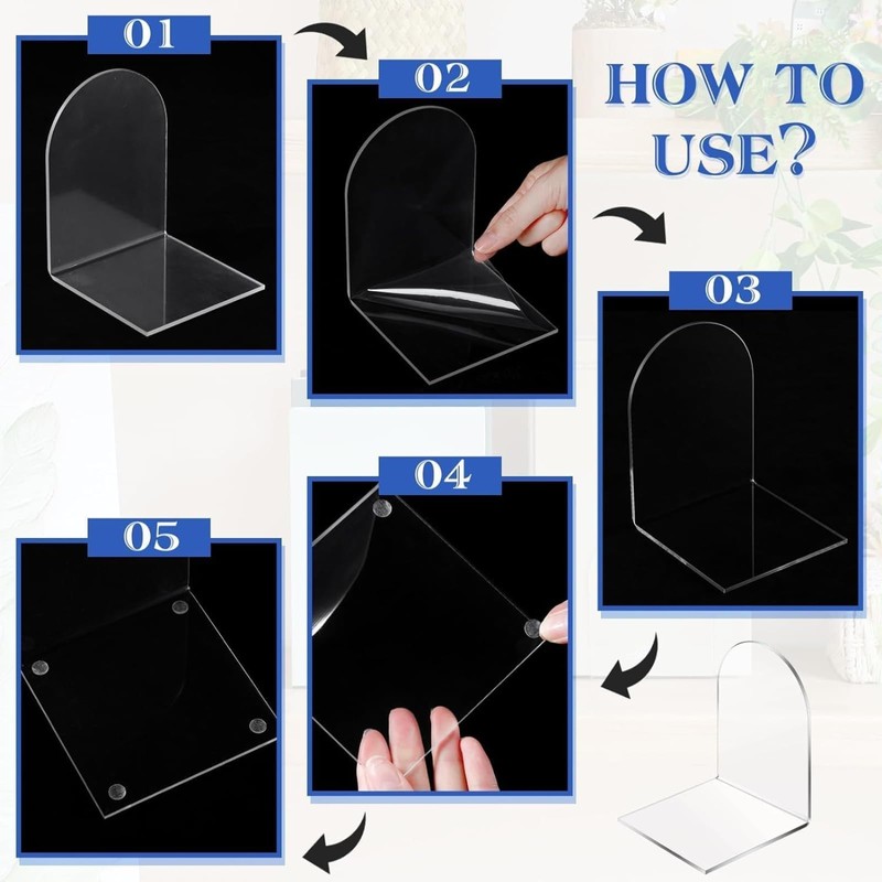 Qidexin 2pcs Book Ends, Acrylic Bookends, Non-Skid Book End, Clear