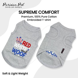 Parisian Pet 4th of July Dog T-Shirt - Embroidered Red White and Woof 100% Cotton, Independence Day Dog Shirt - Breathable Dog Clothes - Grey Sleeveless Dog Shirts for Large Dogs - Pet Vest - XL