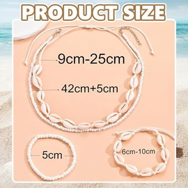 ZORVUJI Muschelkette Damen Set, 4 Stück Boho Schmuck mit Muschel Armband, Verstellbare Halskette und Armband, Sommer Strand Schmuck für Mädchen und Frauen