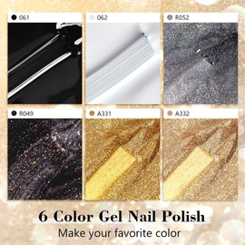 Shining She Semi-Permanent Nail Polish, 6 Colors Black Series, Glitter Black White Gray Gold Semi-Permanent Nail Polish, Soak Off UV/LED Lamp Polish for Beginners Nail Art DIY, 8ML