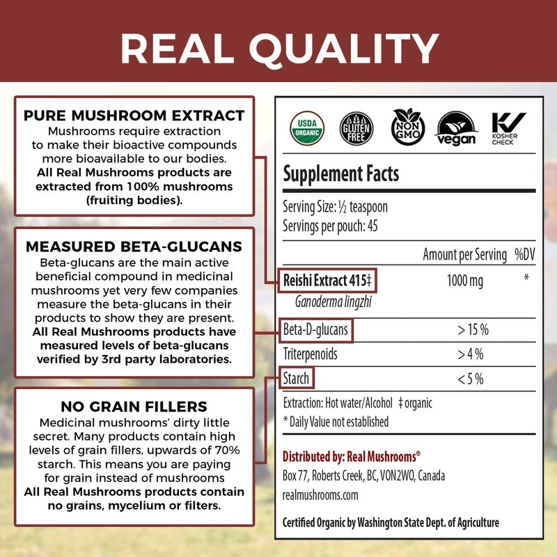Real Mushroom Reishi Mushroom Powder for Longevity (45 Servings) Vegan,