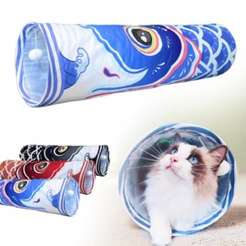 Dsumky Cat Tunnel with Fish Design, Plush Toy Ball, Easy to Clean, Collapsible, Hide & Seek Play, Self-Entertainment Toy (Ocean Blue, L (35.43 x 9.84 inch))