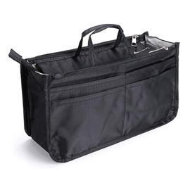 IGNPION Printed Handbag Insert Organiser with 13 Pockets, Expandable Zipper Bag, Shopping Bag, Organiser, Nappy Bag, Insert with Handle, Black