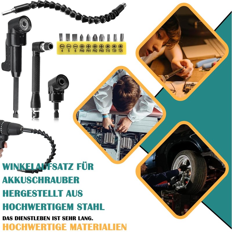 14 Piece Angle Screwdriver Attachment Set, 1/4 Inch Hex Shank,