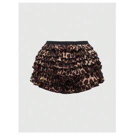 SOLY HUX Women's Y2k Leopard Print Mini Shorts Layered Ruffle Hem Low Waisted Shorts Multicoloured Leopard Medium