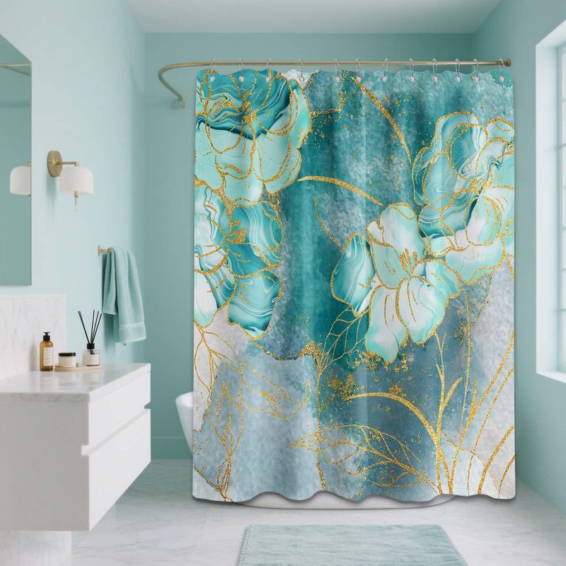 Bxpaitx Turquoise Shower Curtain Aqua Teal and Gold Abstract Floral