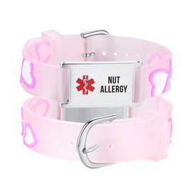 LinnaLove cartoon medical alert id bracelets Parents gift to Son, daughter, brother, sister (Pre-engraving nut allergy-PINK HEART)