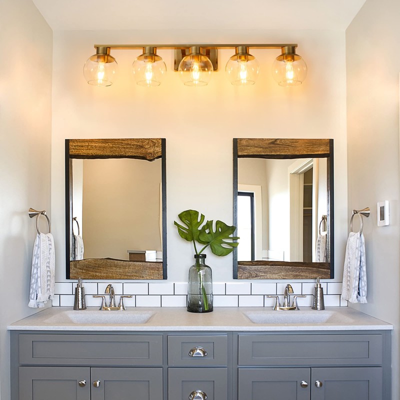 PAZALA Brushed Brass Bathroom Light Fixtures Over Mirror 5-Lights Vanity