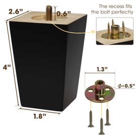 CODIN (5 Sizes: 3"-4"-5"-6"-8" Set of 4 Wood Furniture Legs - Square Sofa Legs, Couch Leg - Brown Mid-Century Modern Replacement Legs for Armchair Recliner Coffee Table Dresser (4")