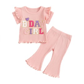 MAHUAOYIXI Baby Girl 2Pcs Birthday Outfits Short Sleeve Letter Embroidery Tops + Flare Pants Set Toddler Girls Clothes Girls Birthday Clothing Set (Pink, 12-18 Months)