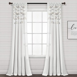 Lush Decor Boho Pom Tassel Linen Window Curtain (Single Panel), 52" W x 84" L, Off- White