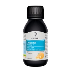 Dr. Budwig Omega 3 Algae Oil Orange (100 ml) High Dosage, Rich in DHA, EPA, Vitamin D3 and K2, with Fruity Orange Flavour, Vegan and Vegetarian